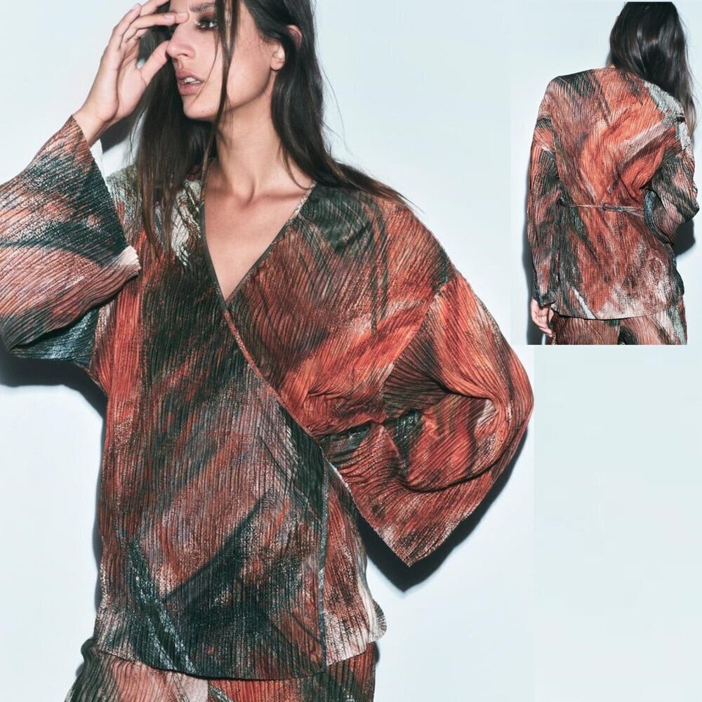 NWT New Zara Pleated Printed Kimono Wrap Top Size S